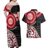 New Zealand Red Maori Koru Simple Style Couples Matching Off Shoulder Maxi Dress and Hawaiian Shirt LT05 - Polynesian Pride