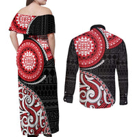 New Zealand Red Maori Koru Simple Style Couples Matching Off Shoulder Maxi Dress and Long Sleeve Button Shirt LT05 - Polynesian Pride