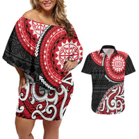 New Zealand Red Maori Koru Simple Style Couples Matching Off Shoulder Short Dress and Hawaiian Shirt LT05 Red - Polynesian Pride