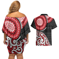 New Zealand Red Maori Koru Simple Style Couples Matching Off Shoulder Short Dress and Hawaiian Shirt LT05 - Polynesian Pride