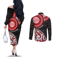 New Zealand Red Maori Koru Simple Style Couples Matching Off The Shoulder Long Sleeve Dress and Long Sleeve Button Shirt LT05 - Polynesian Pride