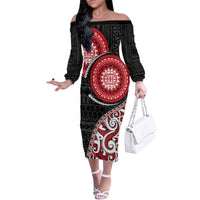New Zealand Red Maori Koru Simple Style Family Matching Off The Shoulder Long Sleeve Dress and Hawaiian Shirt LT05 Mom's Dress Red - Polynesian Pride