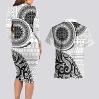 New Zealand White Maori Koru Simple Style Couples Matching Long Sleeve Bodycon Dress and Hawaiian Shirt LT05 - Polynesian Pride