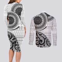 New Zealand White Maori Koru Simple Style Couples Matching Long Sleeve Bodycon Dress and Long Sleeve Button Shirt LT05 - Polynesian Pride