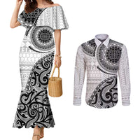 New Zealand White Maori Koru Simple Style Couples Matching Mermaid Dress and Long Sleeve Button Shirt LT05 White - Polynesian Pride