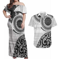 New Zealand White Maori Koru Simple Style Couples Matching Off Shoulder Maxi Dress and Hawaiian Shirt LT05 White - Polynesian Pride