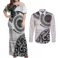 New Zealand White Maori Koru Simple Style Couples Matching Off Shoulder Maxi Dress and Long Sleeve Button Shirt LT05 White - Polynesian Pride