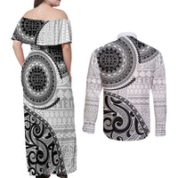 New Zealand White Maori Koru Simple Style Couples Matching Off Shoulder Maxi Dress and Long Sleeve Button Shirt LT05 - Polynesian Pride