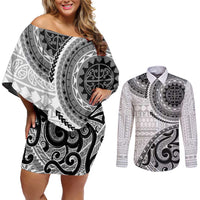 New Zealand White Maori Koru Simple Style Couples Matching Off Shoulder Short Dress and Long Sleeve Button Shirt LT05 White - Polynesian Pride