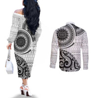 New Zealand White Maori Koru Simple Style Couples Matching Off The Shoulder Long Sleeve Dress and Long Sleeve Button Shirt LT05 - Polynesian Pride