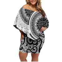 New Zealand White Maori Koru Simple Style Family Matching Off Shoulder Short Dress and Hawaiian Shirt LT05 Mom's Dress White - Polynesian Pride