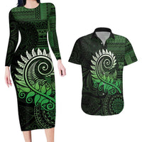 New Zealand Maori Koru Fern Couples Matching Long Sleeve Bodycon Dress and Hawaiian Shirt Spiral Polynesian Style Green LT05 Green - Polynesian Pride