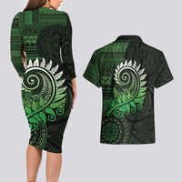 New Zealand Maori Koru Fern Couples Matching Long Sleeve Bodycon Dress and Hawaiian Shirt Spiral Polynesian Style Green LT05 - Polynesian Pride