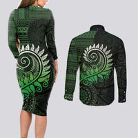 New Zealand Maori Koru Fern Couples Matching Long Sleeve Bodycon Dress and Long Sleeve Button Shirt Spiral Polynesian Style Green LT05 - Polynesian Pride