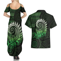 New Zealand Maori Koru Fern Couples Matching Summer Maxi Dress and Hawaiian Shirt Spiral Polynesian Style Green LT05 - Polynesian Pride