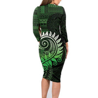 New Zealand Maori Koru Fern Family Matching Long Sleeve Bodycon Dress and Hawaiian Shirt Spiral Polynesian Style Green LT05 - Polynesian Pride