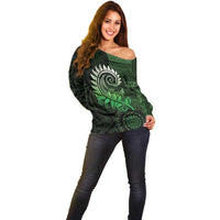 New Zealand Maori Koru Fern Off Shoulder Sweater Spiral Polynesian Style Green LT05 - Polynesian Pride