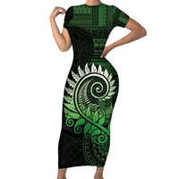 New Zealand Maori Koru Fern Short Sleeve Bodycon Dress Spiral Polynesian Style Green LT05 Long Dress Green - Polynesian Pride