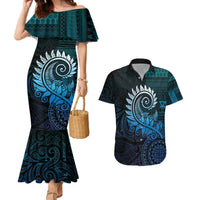 New Zealand Maori Koru Fern Couples Matching Mermaid Dress and Hawaiian Shirt Spiral Polynesian Style Aqua Gradient LT05 Aqua - Polynesian Pride