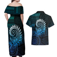 New Zealand Maori Koru Fern Couples Matching Off Shoulder Maxi Dress and Hawaiian Shirt Spiral Polynesian Style Aqua Gradient LT05 - Polynesian Pride
