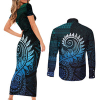 New Zealand Maori Koru Fern Couples Matching Short Sleeve Bodycon Dress and Long Sleeve Button Shirt Spiral Polynesian Style Aqua Gradient LT05 - Polynesian Pride