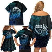New Zealand Maori Koru Fern Family Matching Off Shoulder Short Dress and Hawaiian Shirt Spiral Polynesian Style Aqua Gradient LT05 - Polynesian Pride