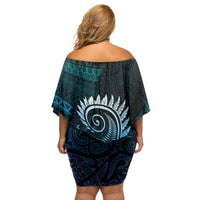 New Zealand Maori Koru Fern Family Matching Off Shoulder Short Dress and Hawaiian Shirt Spiral Polynesian Style Aqua Gradient LT05 - Polynesian Pride