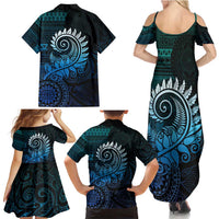 New Zealand Maori Koru Fern Family Matching Summer Maxi Dress and Hawaiian Shirt Spiral Polynesian Style Aqua Gradient LT05 - Polynesian Pride