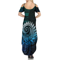 New Zealand Maori Koru Fern Family Matching Summer Maxi Dress and Hawaiian Shirt Spiral Polynesian Style Aqua Gradient LT05 - Polynesian Pride