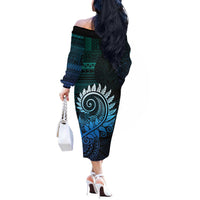 New Zealand Maori Koru Fern Off The Shoulder Long Sleeve Dress Spiral Polynesian Style Aqua Gradient LT05 - Polynesian Pride