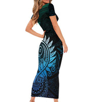 New Zealand Maori Koru Fern Short Sleeve Bodycon Dress Spiral Polynesian Style Aqua Gradient LT05 - Polynesian Pride