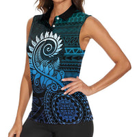 New Zealand Maori Koru Fern Women Sleeveless Polo Shirt Spiral Polynesian Style Aqua Gradient LT05 - Polynesian Pride