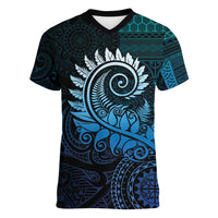 New Zealand Maori Koru Fern Women V-Neck T-Shirt Spiral Polynesian Style Aqua Gradient LT05 Female Aqua - Polynesian Pride