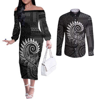 New Zealand Maori Koru Fern Couples Matching Off The Shoulder Long Sleeve Dress and Long Sleeve Button Shirt Spiral Polynesian Style Gray LT05 Gray - Polynesian Pride