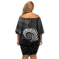 New Zealand Maori Koru Fern Family Matching Off Shoulder Short Dress and Hawaiian Shirt Spiral Polynesian Style Gray LT05 - Polynesian Pride