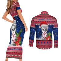 Personalized Guam Christmas Couples Matching Short Sleeve Bodycon Dress and Long Sleeve Button Shirts Guaman Seal Poinsettia Felis Pasgua LT05 - Polynesian Pride