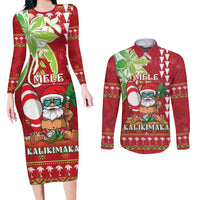 Personalised Hawaii Christmas Couples Matching Long Sleeve Bodycon Dress and Long Sleeve Button Shirt Funny Santa Claus Surf Mele Kalikimaka