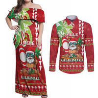 Personalised Hawaii Christmas Couples Matching Off Shoulder Maxi Dress and Long Sleeve Button Shirt Funny Santa Claus Surf Mele Kalikimaka LT05 Red - Polynesian Pride