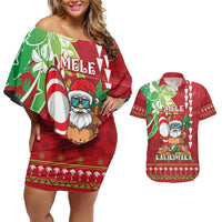 Personalised Hawaii Christmas Couples Matching Off Shoulder Short Dress and Hawaiian Shirt Funny Santa Claus Surf Mele Kalikimaka LT05 Red - Polynesian Pride