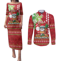 Personalised Hawaii Christmas Couples Matching Puletasi and Long Sleeve Button Shirt Funny Santa Claus Surf Mele Kalikimaka LT05 Red - Polynesian Pride