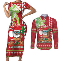 Personalised Hawaii Christmas Couples Matching Short Sleeve Bodycon Dress and Long Sleeve Button Shirt Funny Santa Claus Surf Mele Kalikimaka