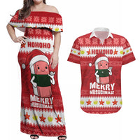 Hawaii Funny Christmas Couples Matching Off Shoulder Maxi Dress and Hawaiian Shirt Spam Musubi Santa LT05 Red - Polynesian Pride