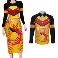 Papua New Guinea Rugby Custom Couples Matching Long Sleeve Bodycon Dress and Long Sleeve Button Shirt Kumul Pride Go Champions LT05 Yellow - Polynesian Pride