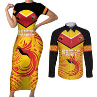 Papua New Guinea Rugby Custom Couples Matching Short Sleeve Bodycon Dress and Long Sleeve Button Shirt Kumul Pride Go Champions LT05 Yellow - Polynesian Pride