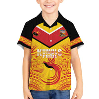 Papua New Guinea Rugby Custom Family Matching Off The Shoulder Long Sleeve Dress and Hawaiian Shirt Kumul Pride Go Champions LT05 Son's Shirt Yellow - Polynesian Pride
