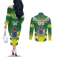 Cook Islands Rugby Custom Couples Matching Off The Shoulder Long Sleeve Dress and Long Sleeve Button Shirt The Kukis Go Champions LT05 - Polynesian Pride