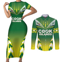 Cook Islands Rugby Custom Couples Matching Short Sleeve Bodycon Dress and Long Sleeve Button Shirt The Kukis Go Champions LT05 Green - Polynesian Pride