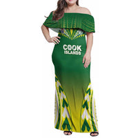 Cook Islands Rugby Custom Family Matching Off Shoulder Maxi Dress and Hawaiian Shirt The Kukis Go Champions LT05 Mom's Dress Green - Polynesian Pride
