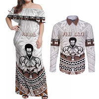 Fiji Rugby Custom Couples Matching Off Shoulder Maxi Dress and Long Sleeve Button Shirt Fijian Bati Go Champions LT05 White - Polynesian Pride