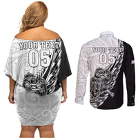 New Zealand Kiwi Rugby Custom Couples Matching Off Shoulder Short Dress and Long Sleeve Button Shirt Go Champions Maori Pattern LT05 - Polynesian Pride